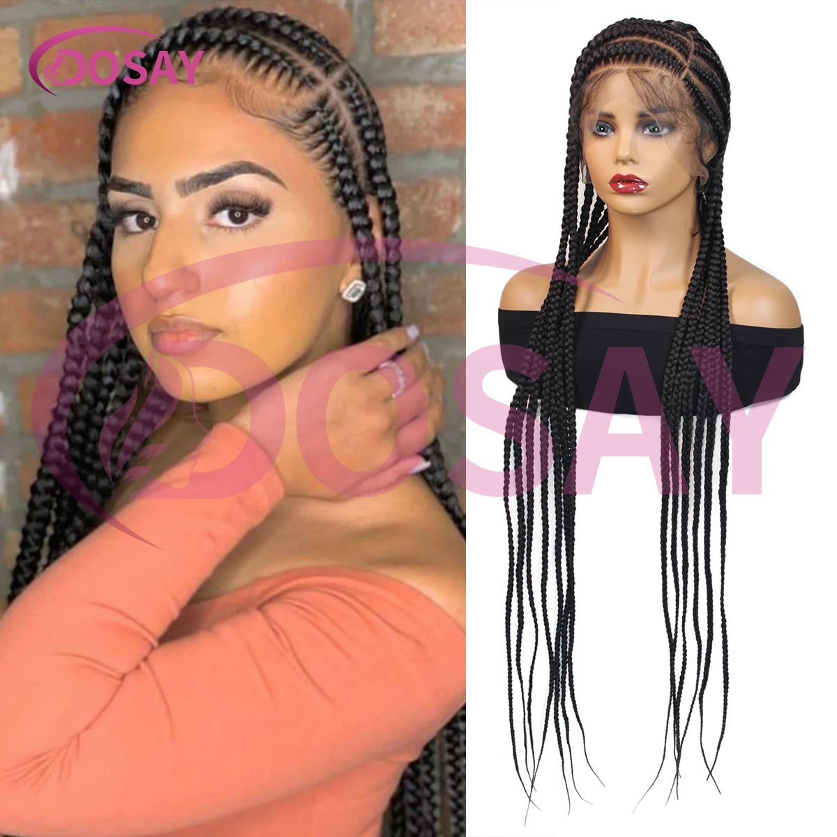 

36-дюймовый черный женский парик с боковой частью и полным кружевом Cornrow — высокотемпературное волокно, плотность, косички без узлов для повседневного использования