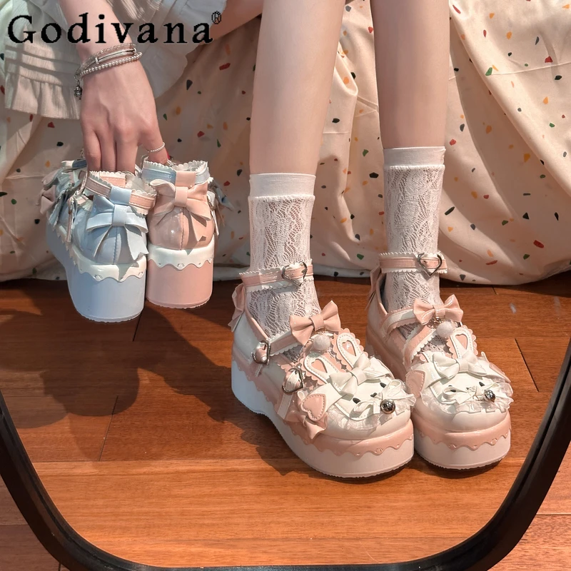 لطيف لوليتا واحدة لوليتا الأميرة أحذية نسائية جديدة حلوة الشباب تنوعا JK لو أحذية الإناث مقوس دانتيل أحذية جلدية واحدة #5