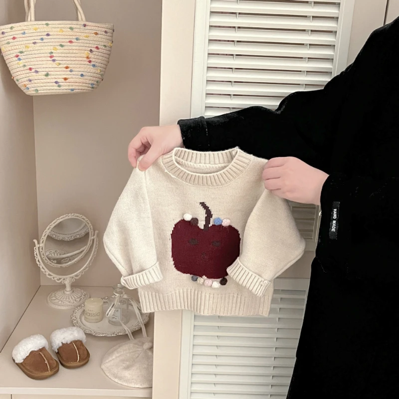 

2025 New Hot Selling Cute Apple Hairball Pattern Round Neck Warm Knitted Sweater