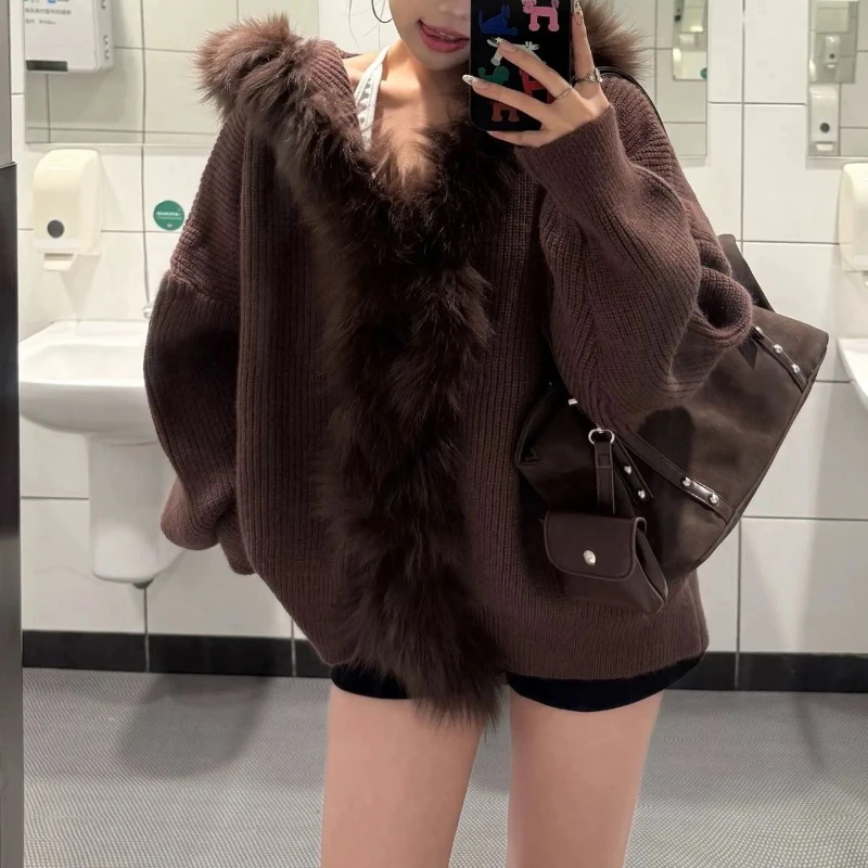 

Design Sense, Big Fur Collar Hooded Sweater, Women's Autumn and Winter Lazy Feeling, Warm Knit Cardigan Top