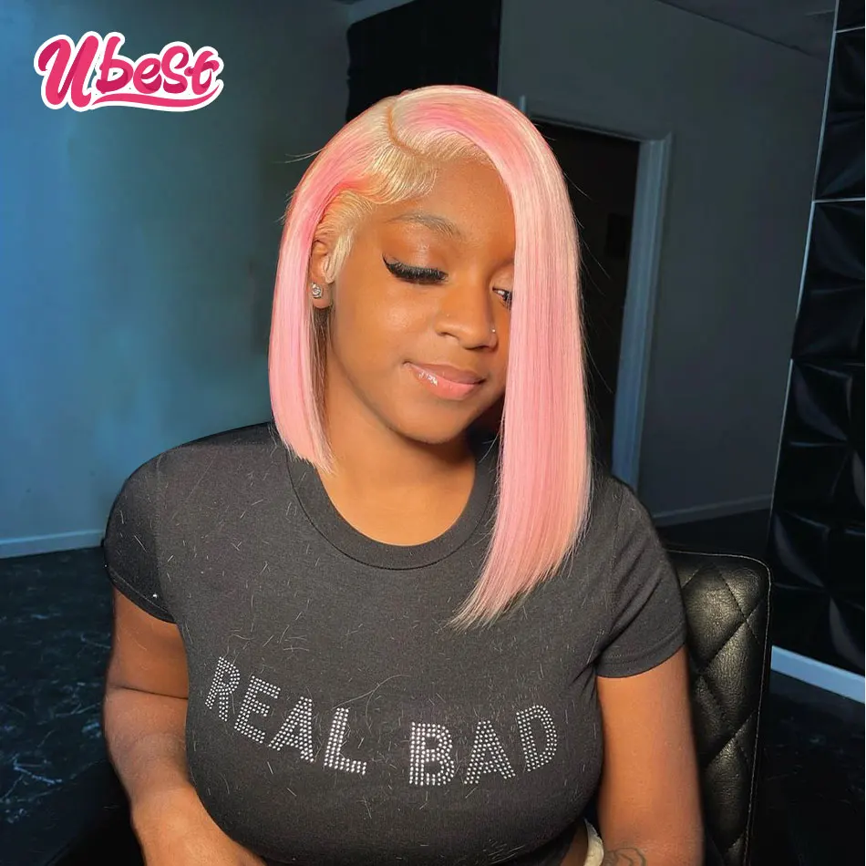 

Ubest Pink Straight Bob Wig Human Hair Brazilian Transparent 13x6 Lace Front Wig #613 Colored Wig Pre Plucked Remy Wig For Woman