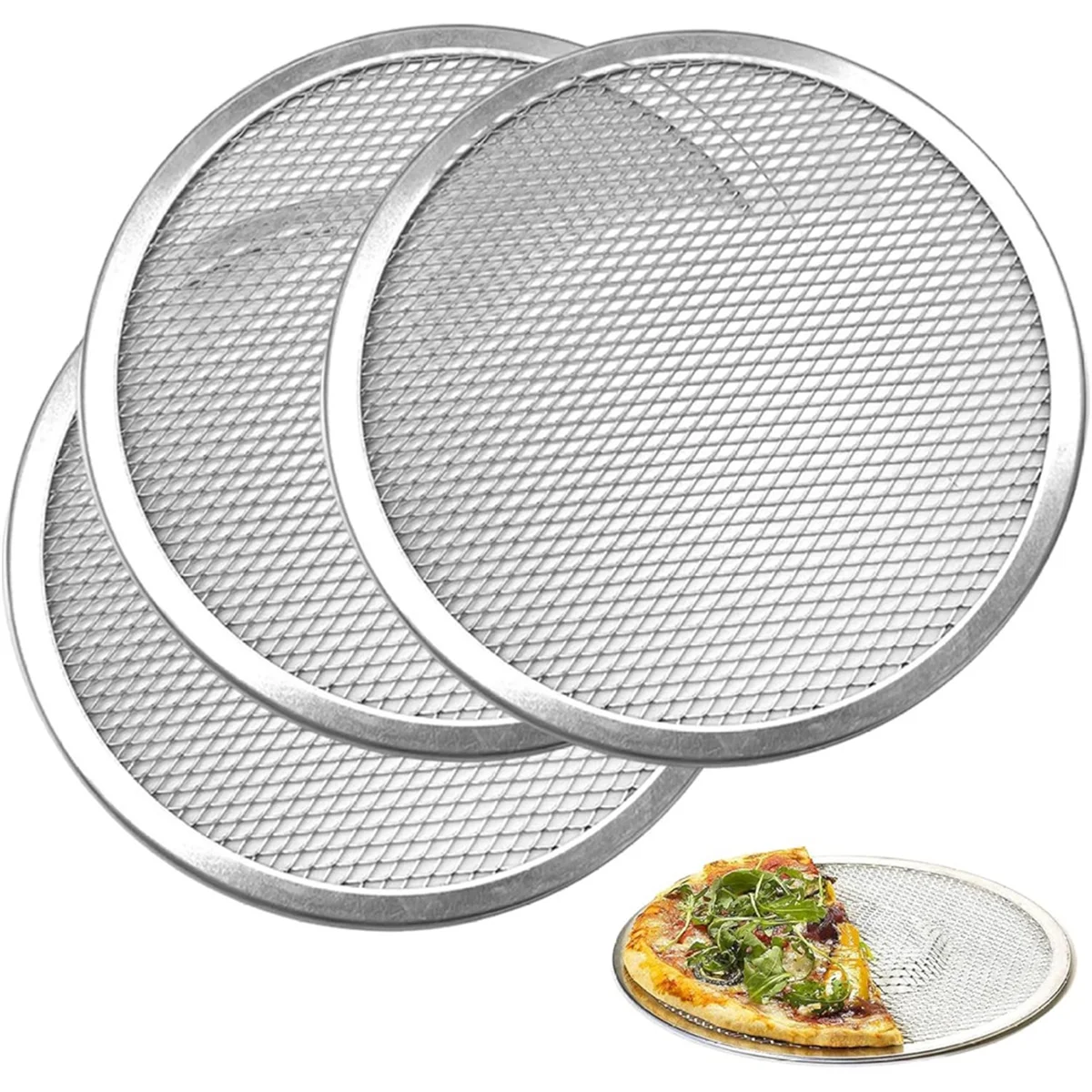 AA91 3Pcs Pizza Screen 12 Inch Restaurant-Grade Pizza Rack with Seamless Edge Round Pizza Baking Pan Baking Tool