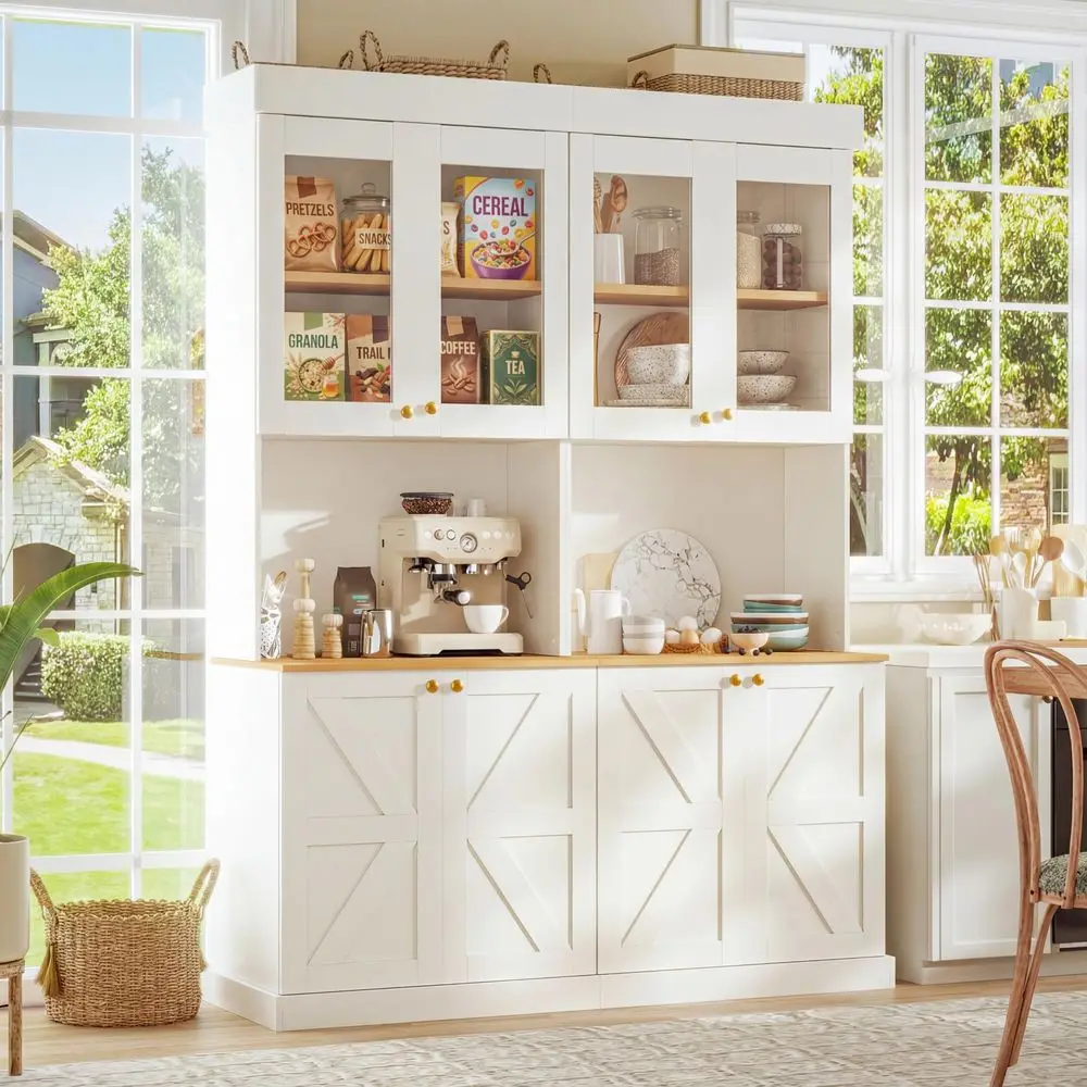 

Farmhouse Kitchen Pantry Cabinet Set of 2, White Freestanding Coffee Bar with Glass Doors, Microwave Stand, Large Storage Hutch