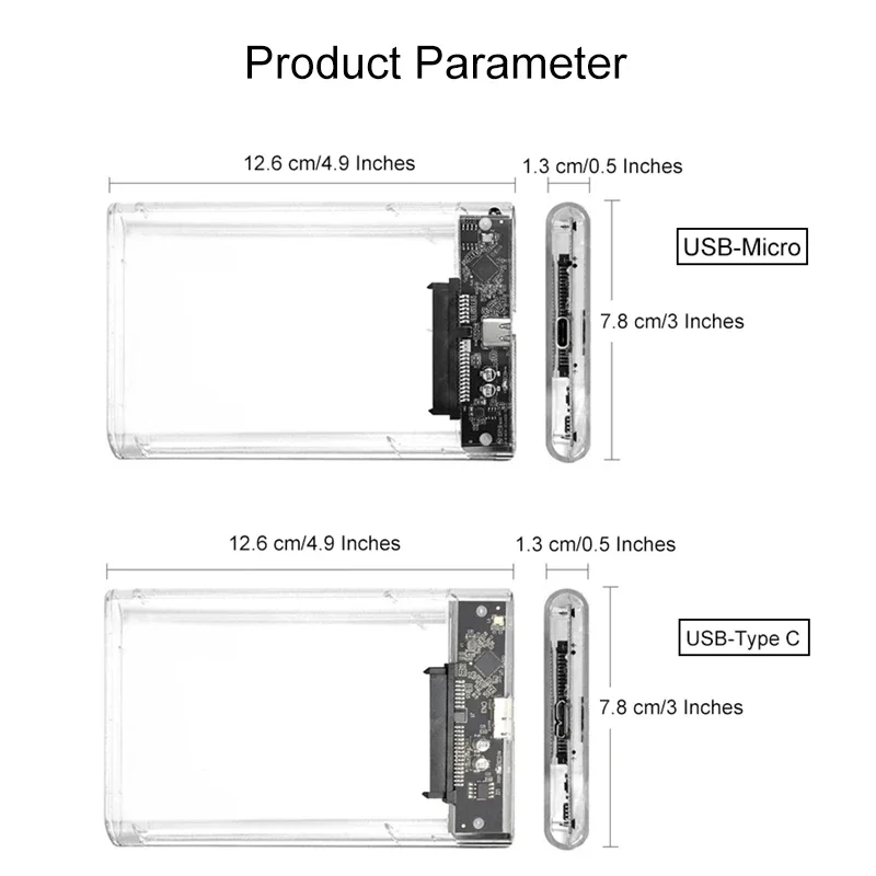 3.0/2.0 HDD Enclosure 2.5inch SATA SSD Hard Drive Case with 5Gbps Transfer Speed and Transparent Design Mobile External Housing