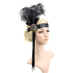 1920s Feather Headband Charleston Costume Great Gatsby Flapper Black Headpiece Elegant Beaded Headband with Tassel