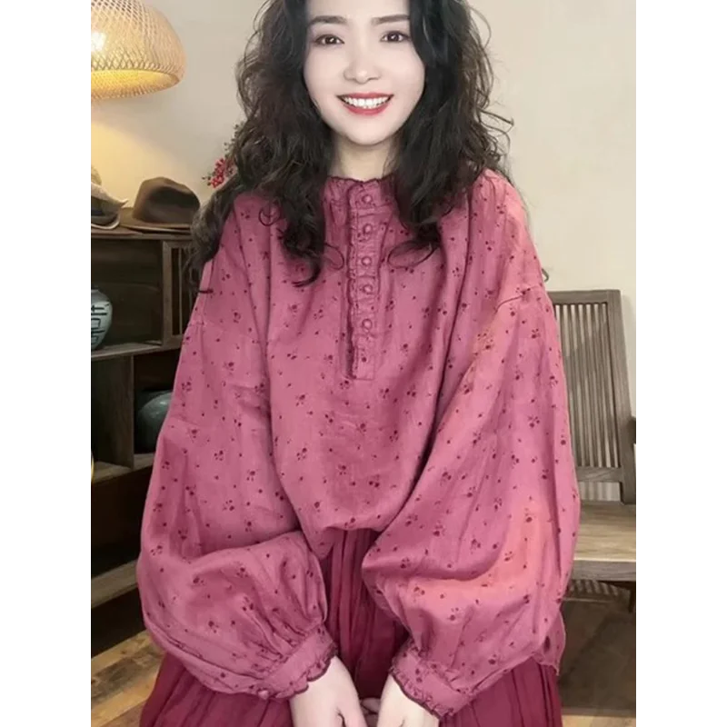 

Свободный тонкий пуловер для поездок на работу, рубашка 2024, весенне-осенний женский модный свободный топ с принтом на пуговицах