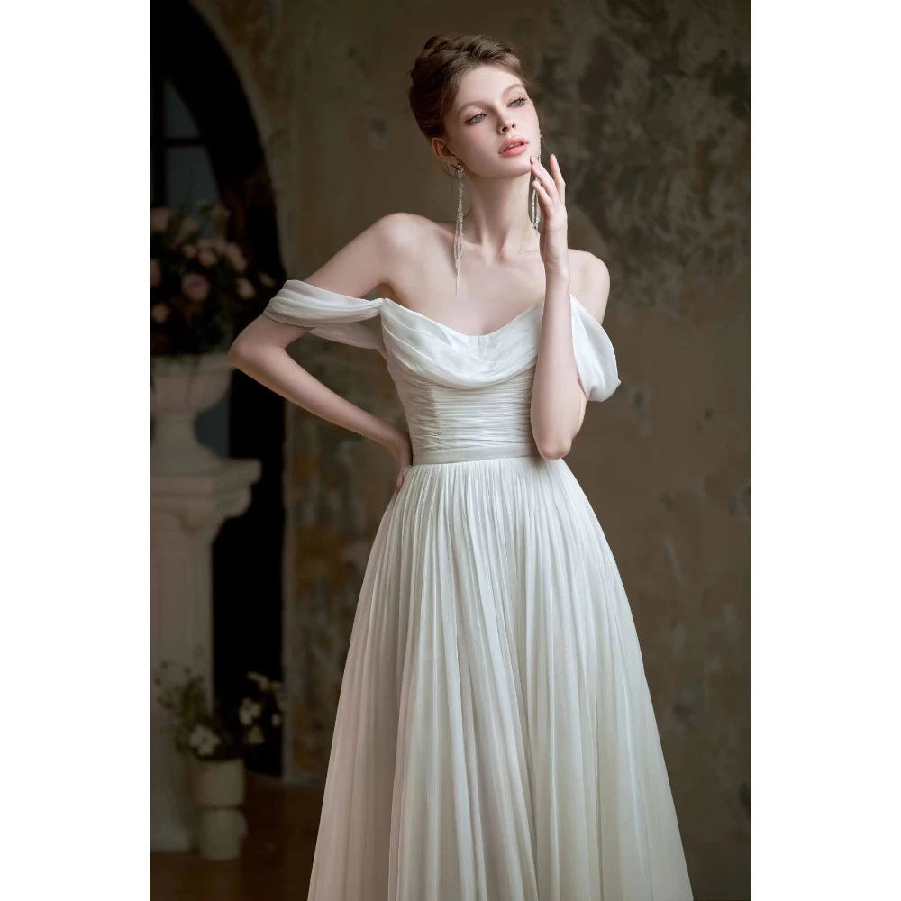 Customized Off Shoulder Cowl Pleated Chiffon A-Line Gown Deep V Back Ruffled Cathedral Train Bridal Reception Civil Garden Beach
