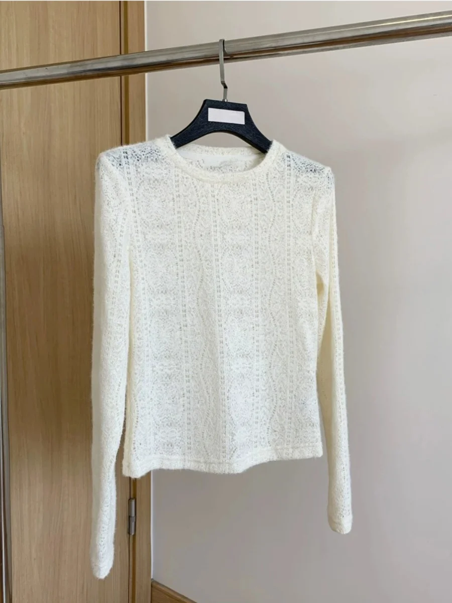 

Women's Lace Knitted Sweater Soft Cozy Inner Wear Slimming Waist Design Autumn Winter New Sle round Ne Long Sve Fitted