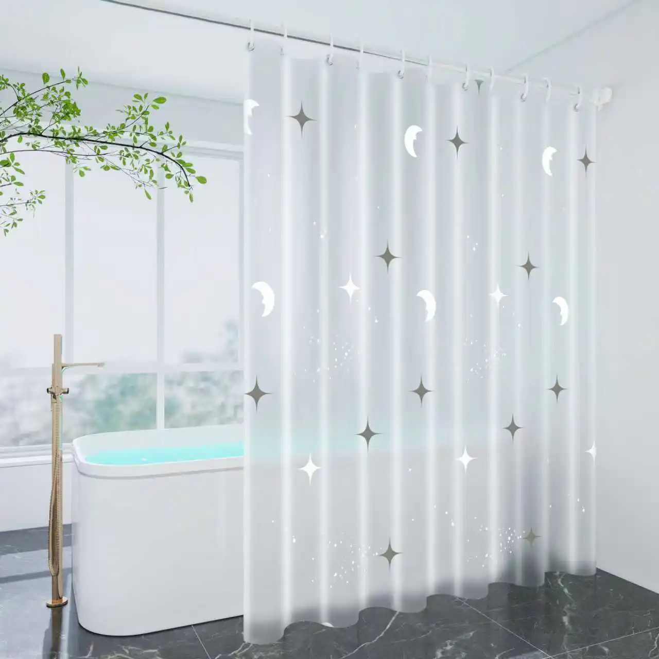 Star and Moon Galaxy Pattern Shower Curtain, Warm Element Design, Full of Ambiance, Bathroom Shower Partition Curtain