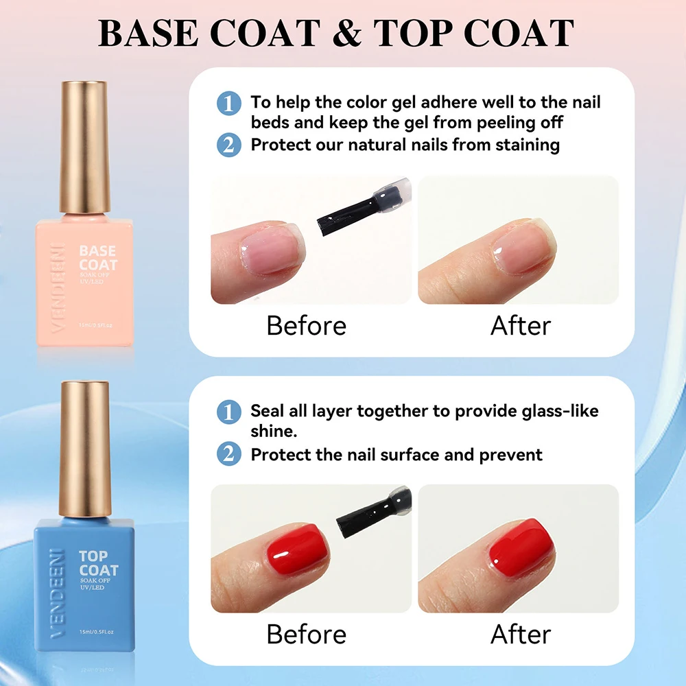 Vendeeni TPO HEMA FREE High Brightness No Wipe Strong Top Coat Base Coat Gel Nail Polish Semi Permanent UV Soak off Gel Varnish