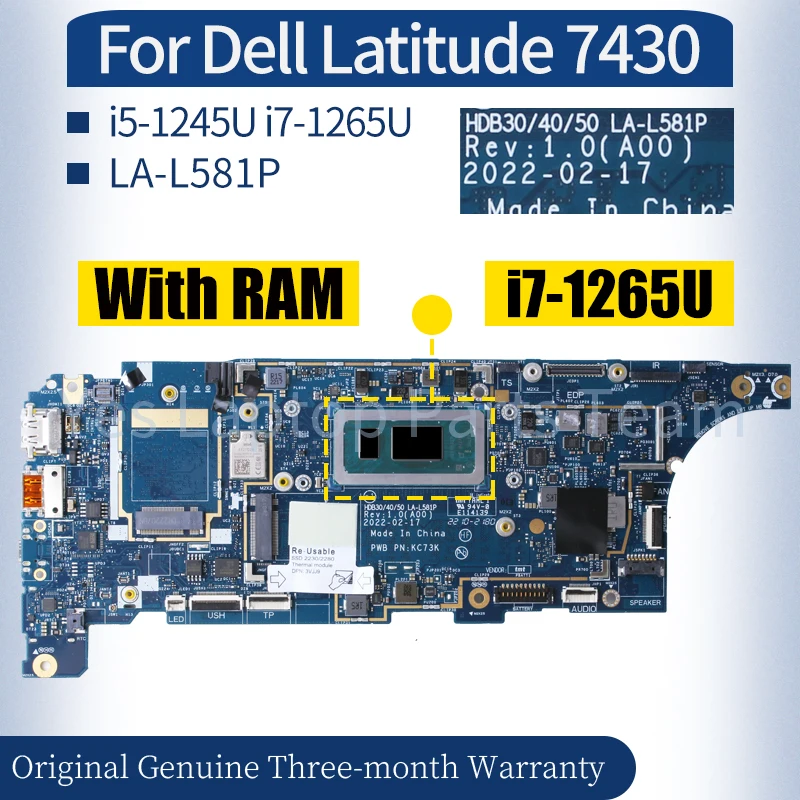 

LA-L581P For Dell Latitude 7430 Laptop Mainboard 05423Y 0G8YFK i5-1245U i7-1265U CPU With RAM Notebook Motherboard 100％ Tested