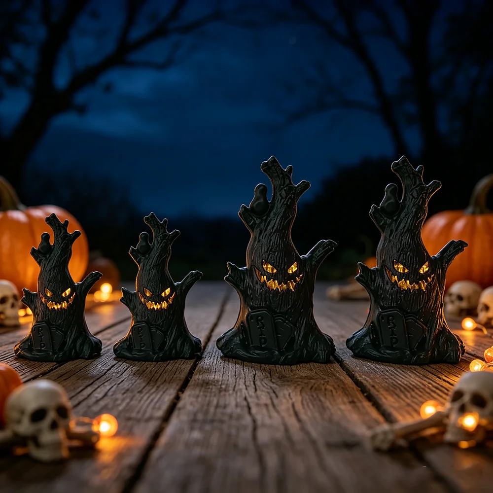 4pcs Mini Halloween Ghost Tree Lanterns Lights, Halloween Decor Black Tree Stump Shape Lanterns Lights Mini Candle Lantern Lamp