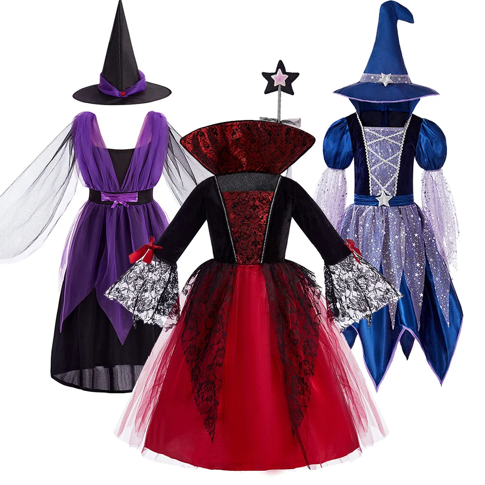 Girls Princess Costume Baby Vampire Halloween Elegant Fantasy Children Cosplay Carnival Fancy Disguise Witch Birthday Dress Hat