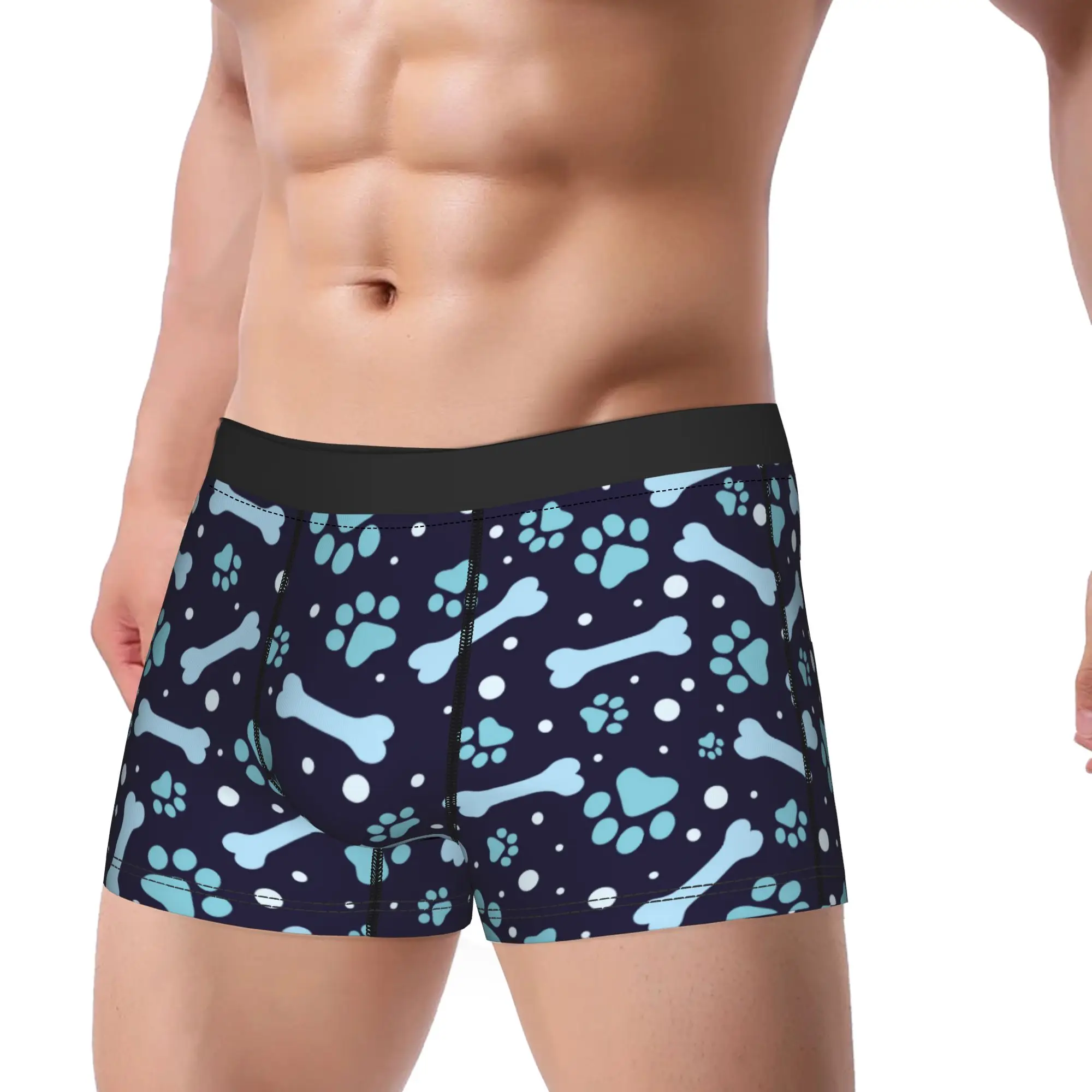 Man Dog Paw Print and Bone Long Underwear  Novelty Boxer Briefs Shorts Panties Male Breathable Underpants M-XXL