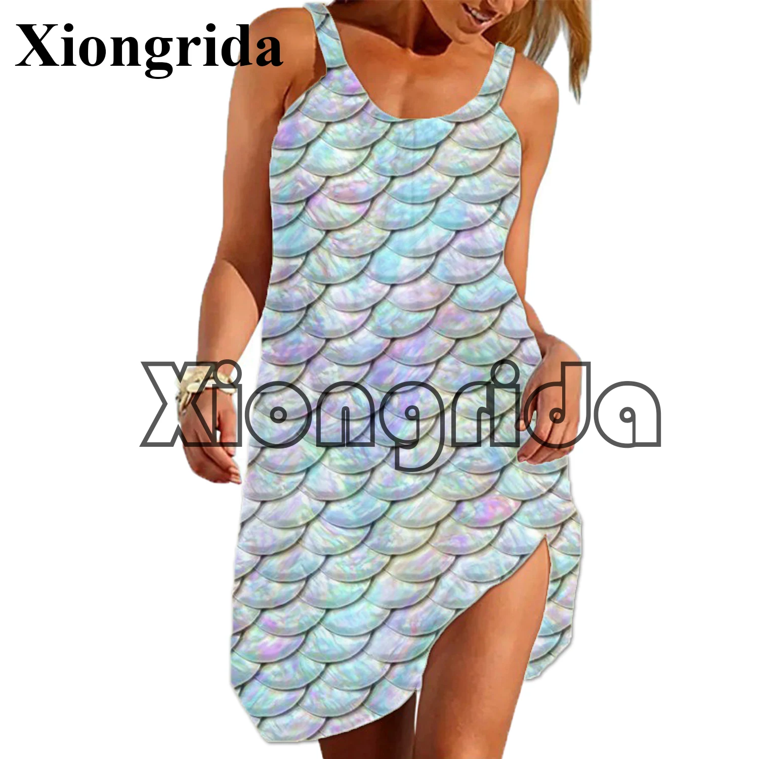 New Mermaid Dress Women Sexy Fish Scales Printed Strap Dress Sleeveless Mini A Line Dress Hawaii Tank Dress Beach Wear Homewear
