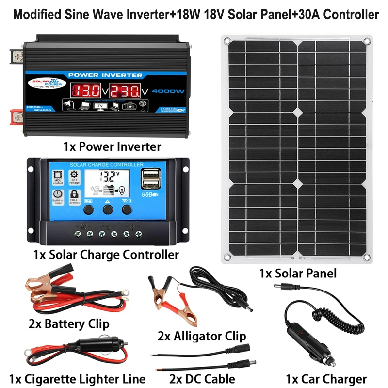 

110V/220V Solar Panel System 4000W Inverter 18W Solar Panel With 30A Charge Controller Power Generation Kit for Outdoor Camping