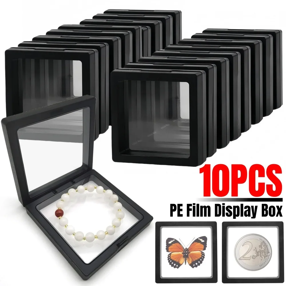 PE Film Display Box 3D Floating Coin Ring Necklace Earring Packaging Box 7x7cm Transparent Visible Jewelry Dustproof Storage Box