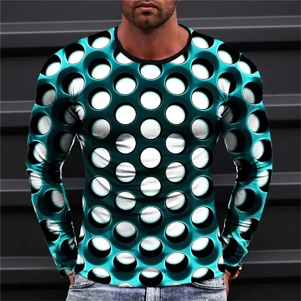 Fashionable Men's Printed T-shirt Optical Illusion Round Neck Long Sleeved Street Harajuku Exaggerated Designer Round Neck Top ￼
