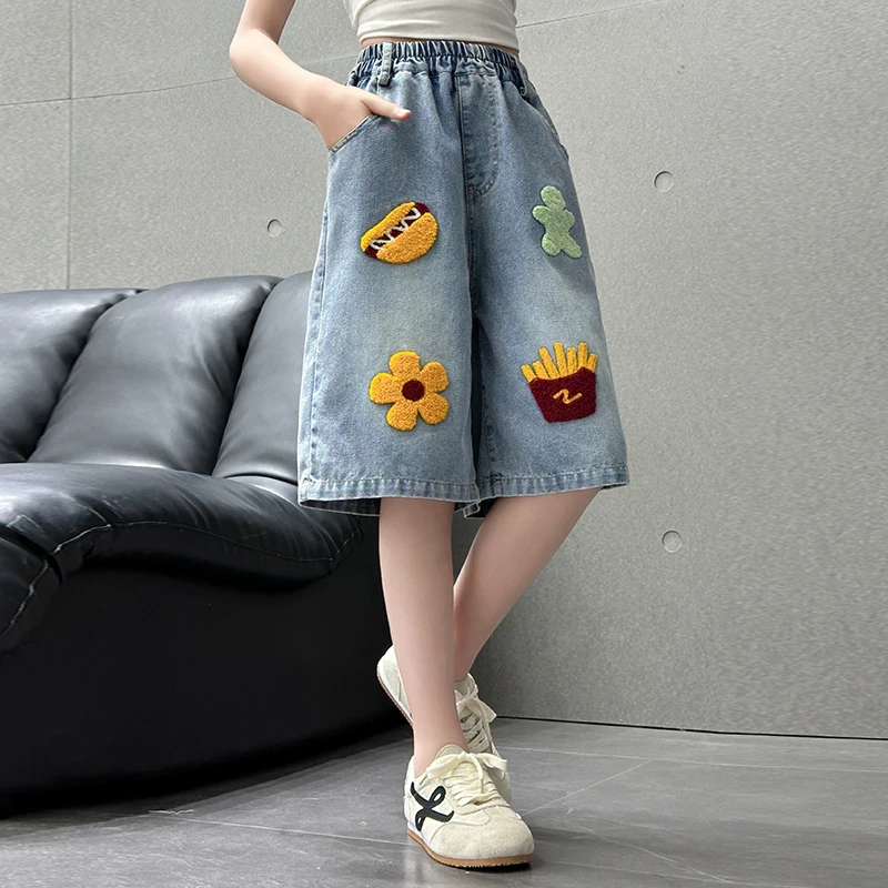 New Fashion Tweens Girl Casual Straight Fit Jeans Capris Shorts Age 7-14Y Kids Child Knee-Length Denim Shorts with Applique