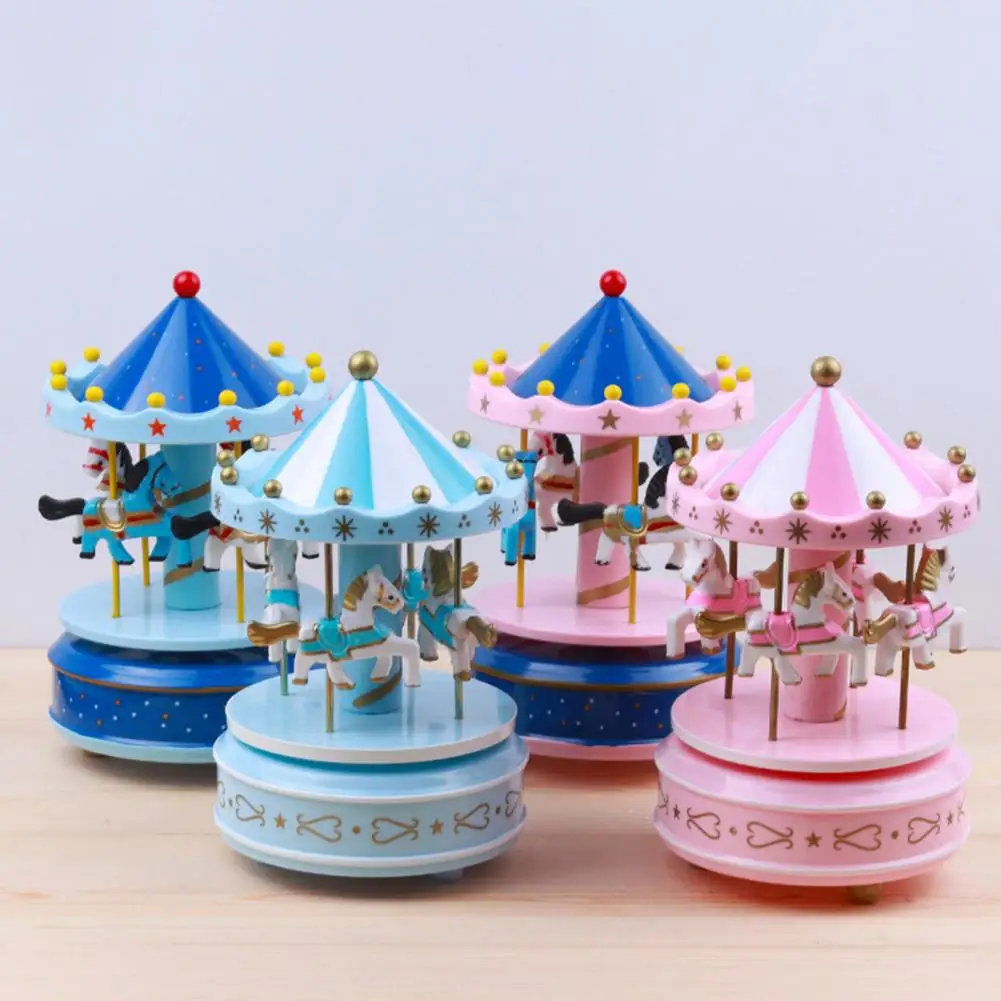Wooden Music Box Handcrafted Musical Carousel Wooden Carousel Music Box with Rotating Horses Wind-up Musical Figurine for Home