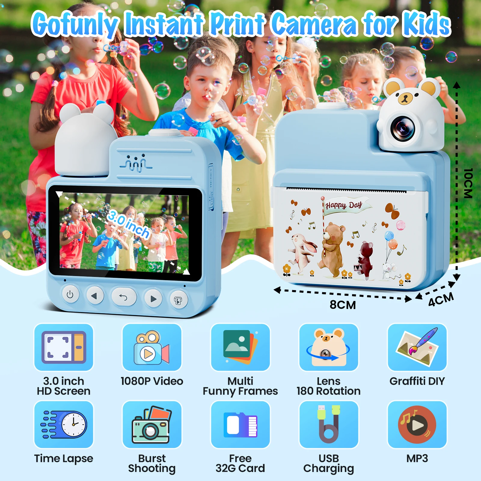 Kids Camera Instant Print, 3.0'' Kids Instant Camera with 32G Card & 3 Print Paper, 1080P HD Kids Digital Camera for 6-12 Years