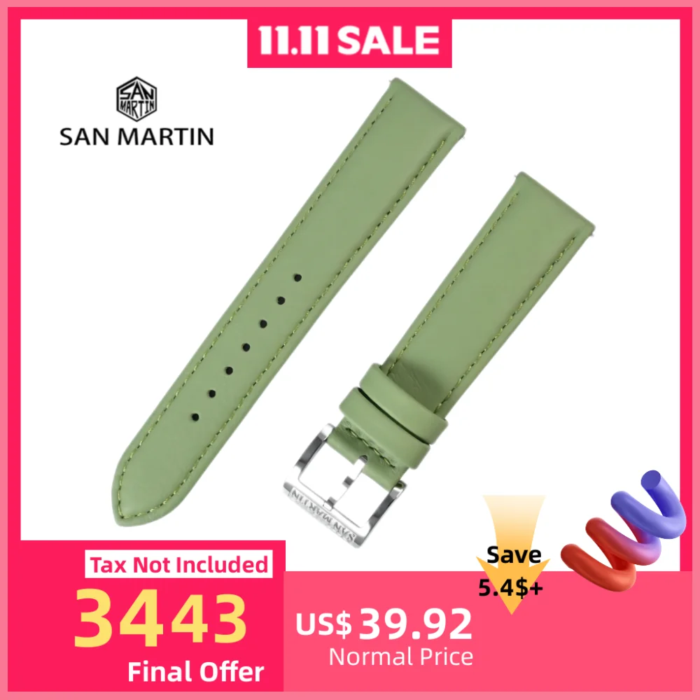 

San Martin 20mm Pillowy Soft Swift Leather Strap For Mechanical Watches Band With 316L Pin Buckle Quick Release BD0011
