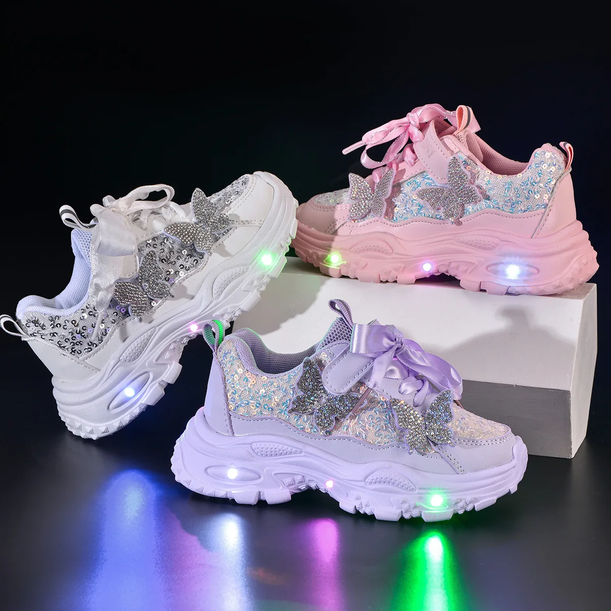 Kids'Casual Shoes Led Light Solid Color PU Leather Autumn Fashion Shoes For Children Breathable Anti-slip Purple Pink Size 21-30