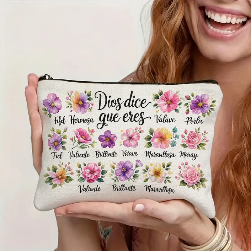 Watercolor Floral Inspirational Canvas Cosmetic Bag Gratitude Blessing Zipper Pouch Unisex Storage Organizer for Makeup Skincare