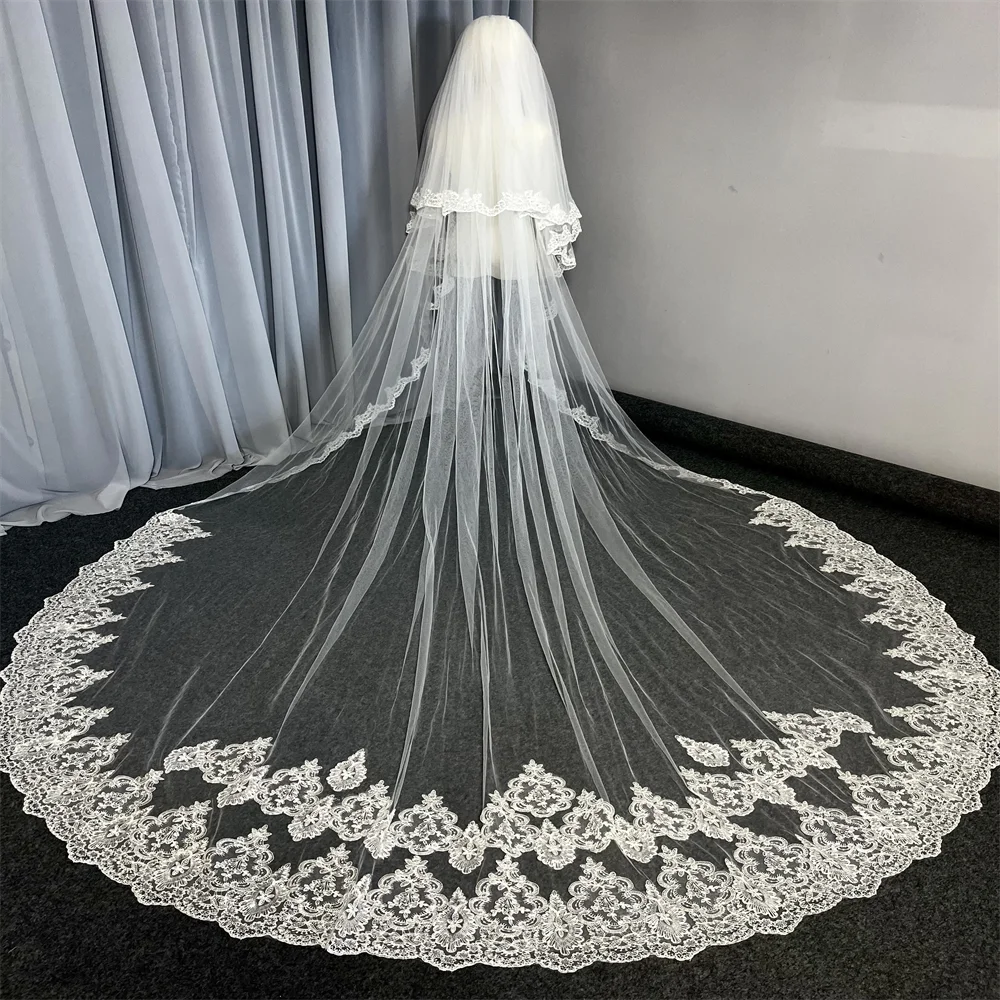 High Quality 5 Meters Sparkle Sequins Lace Edge 2T Wedding Veil with Comb 3m/4m/5m Long Luxury 2 Layers Bridal Veil