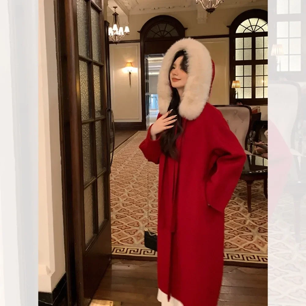 Long Loose Hooded Collar Tie Up Wool Coat 2024 New Autumn Winter Female Fashion  Double-side Woolen Real Fox Fur Jacket Women