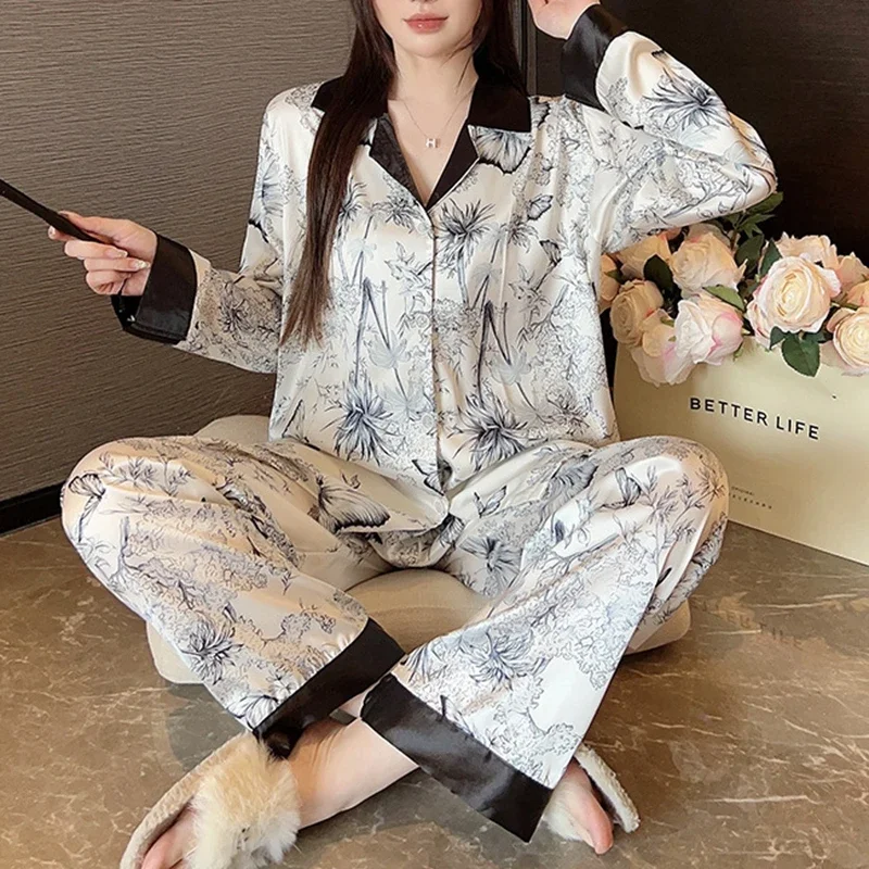 Women\'s Pajamas Satin Silk Cardigan Korean Ink Butterfly Lapel Long Sleeve Pijamas Elegant Pyjama Two-piece Set Ladies Sleepwear