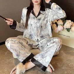 Women's Pajamas Satin Silk Cardigan Korean Ink Butterfly Lapel Long Sleeve Pijamas Elegant Pyjama Two-piece Set Ladies Sleepwear