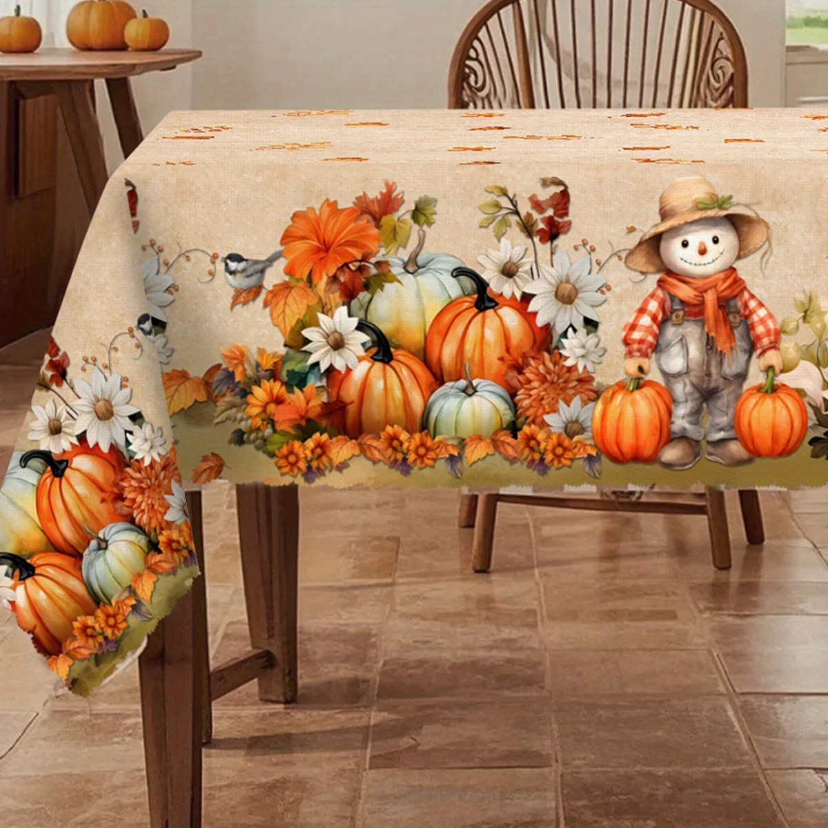 1 piece of autumn tablecloth - Cute scarecrow, harvest pumpkin and floral patterns, rural style Thanksgiving decorationzyc