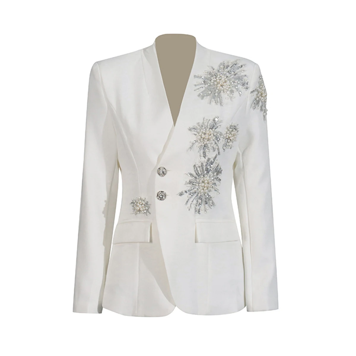 Women's Diamond Beads Patchwork Blazer Solid Vintage Suit Coats New Fashion Nail Design V-neck Casual Elegant Rhinestone Jackets