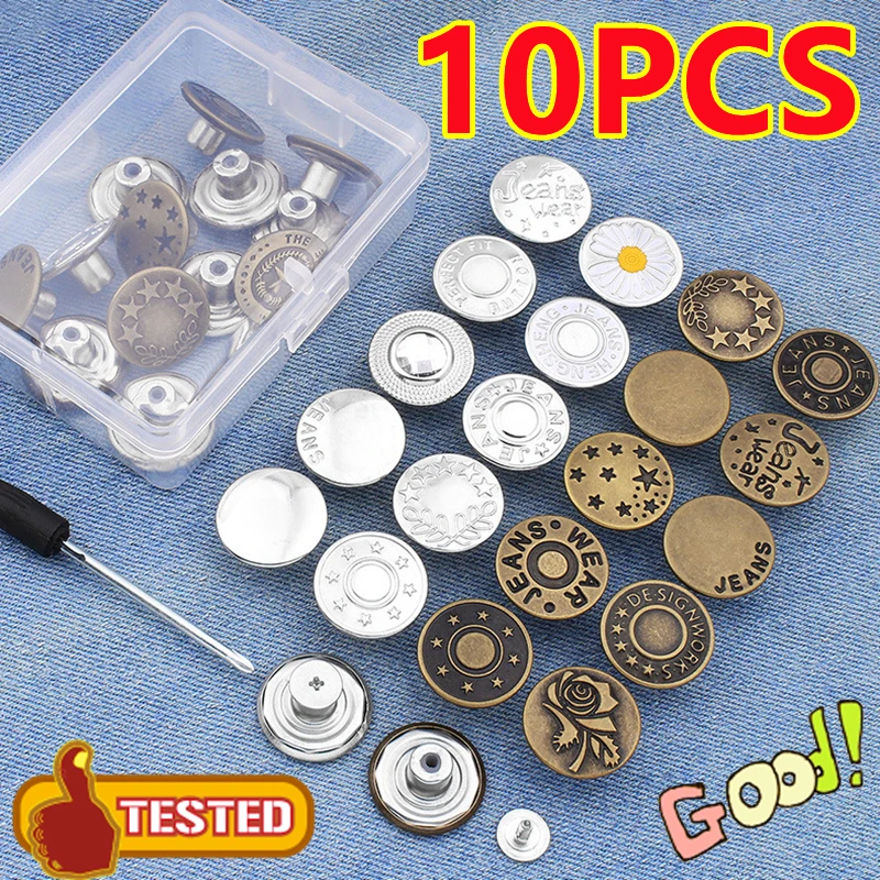 10PCS Jeans Buttons Replacement 17mm No Sewing Metal Button Repair Kit Nailless Removable Jean Buttons Set Sewing Accessories