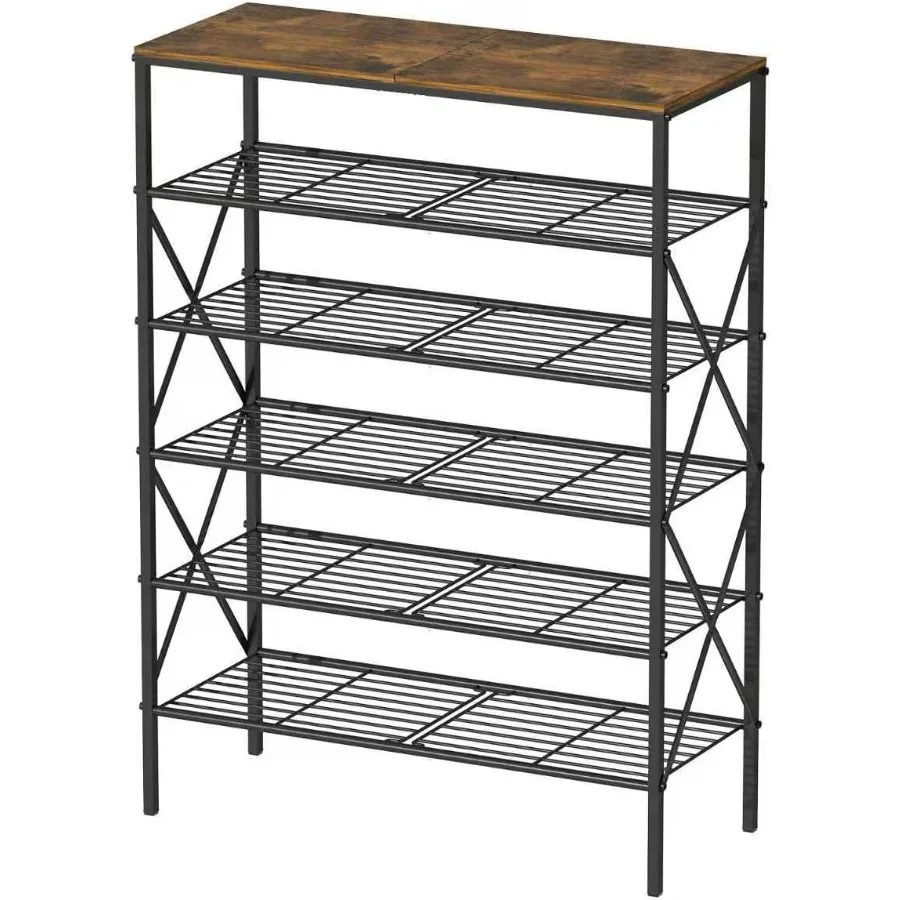 

6-Tier Shoe Rack Organizer with Large Capacity for Entryway and Closet Storage Rustic Brown and Black Metal Mesh Shelves Hold u