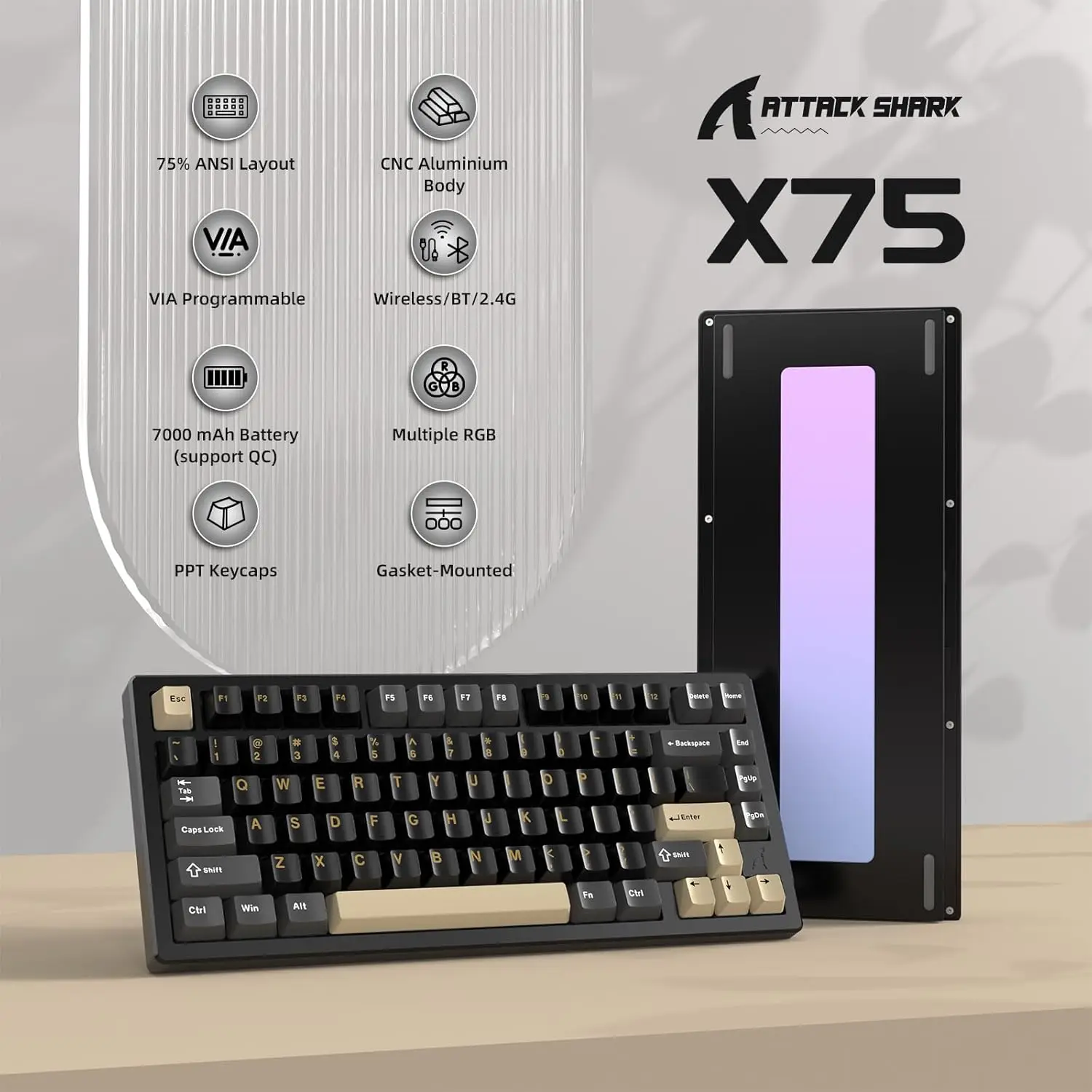 ATTACK SHARK X75 Aluminum CNC Wireless Mechanical Gaming Keyboard, BT/2.4G/USB-C Wired 81 Keys VIA Custom Keyboard