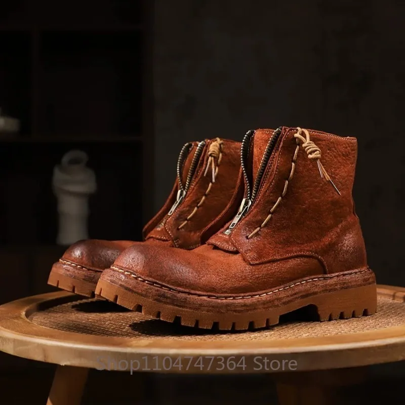 British Style Cowhide Casual Desert Western Boots Men Shoes Thick Sole Side Zipper Work Knight Boots Male Genuine Leather Boots
