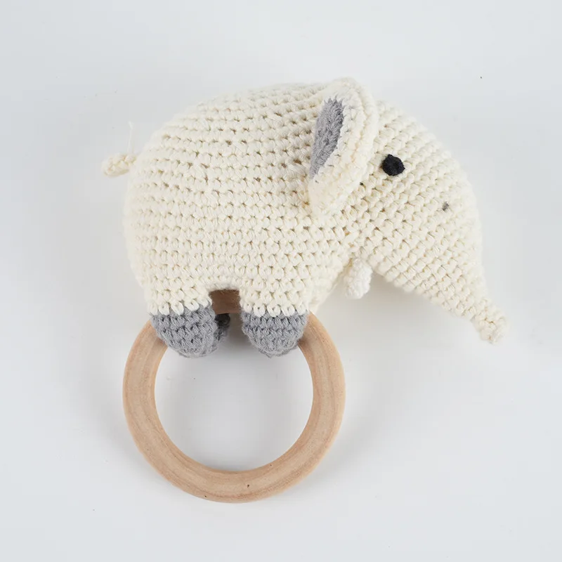 Jiarui Handmade Crochet Baby Rattles Wooden Teething Rings Animal Fruit Soft Soothing Toys For Newborn Infants Baby Shower Gift