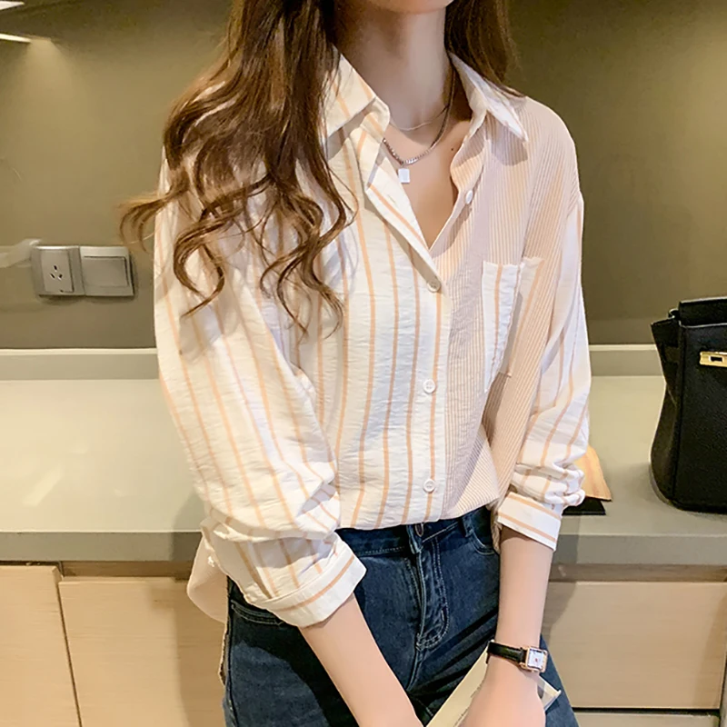 Shintimes Striped Casual Pockets Long Sleeve Shirt Women Cotton Blouse Ladies Clothes 2022 Button Womens Tops Chemisier Femme