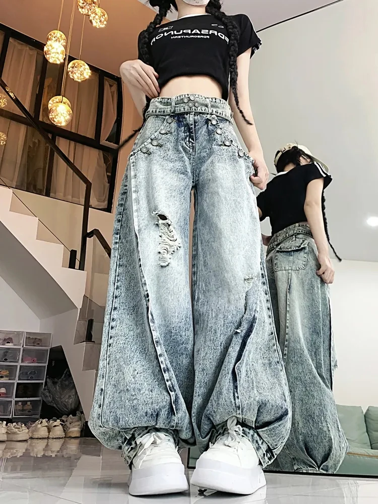 American Y2K Ripped Wide Leg Jeans Women Autumn High Waist Streetwear Loose Denim Pants Y2K Hip Hop Grunge Bloomers Trousers New