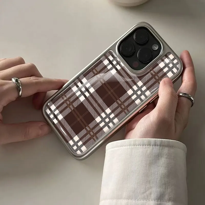 メイラード風チェック柄iPhone11/12/13/14/15/16/17 Pro Max AIR PLUS用エポキシ樹脂製TPU耐衝撃スマホケース