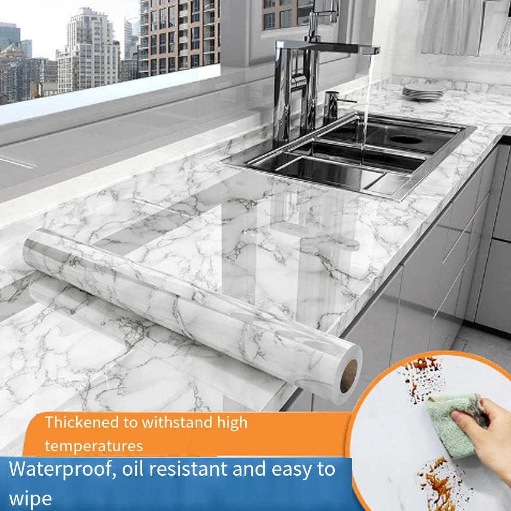 40cm Marble Kitchen Self-Adhesive Wallpaper Oil-Proof Film Stove PVC Waterproof  Countertop Cabinet Renovation Tile Wall Sticker