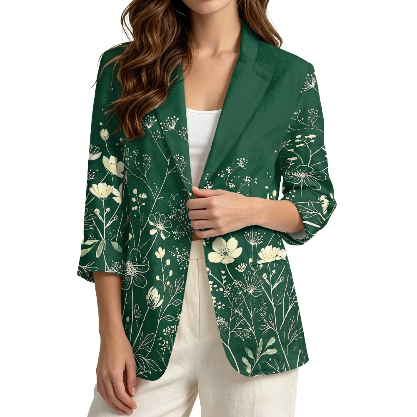 PENSTROLL Green Floral Print Casual Light Cover Up for Vacation Linen Like Beach Cover Ups S-3XL