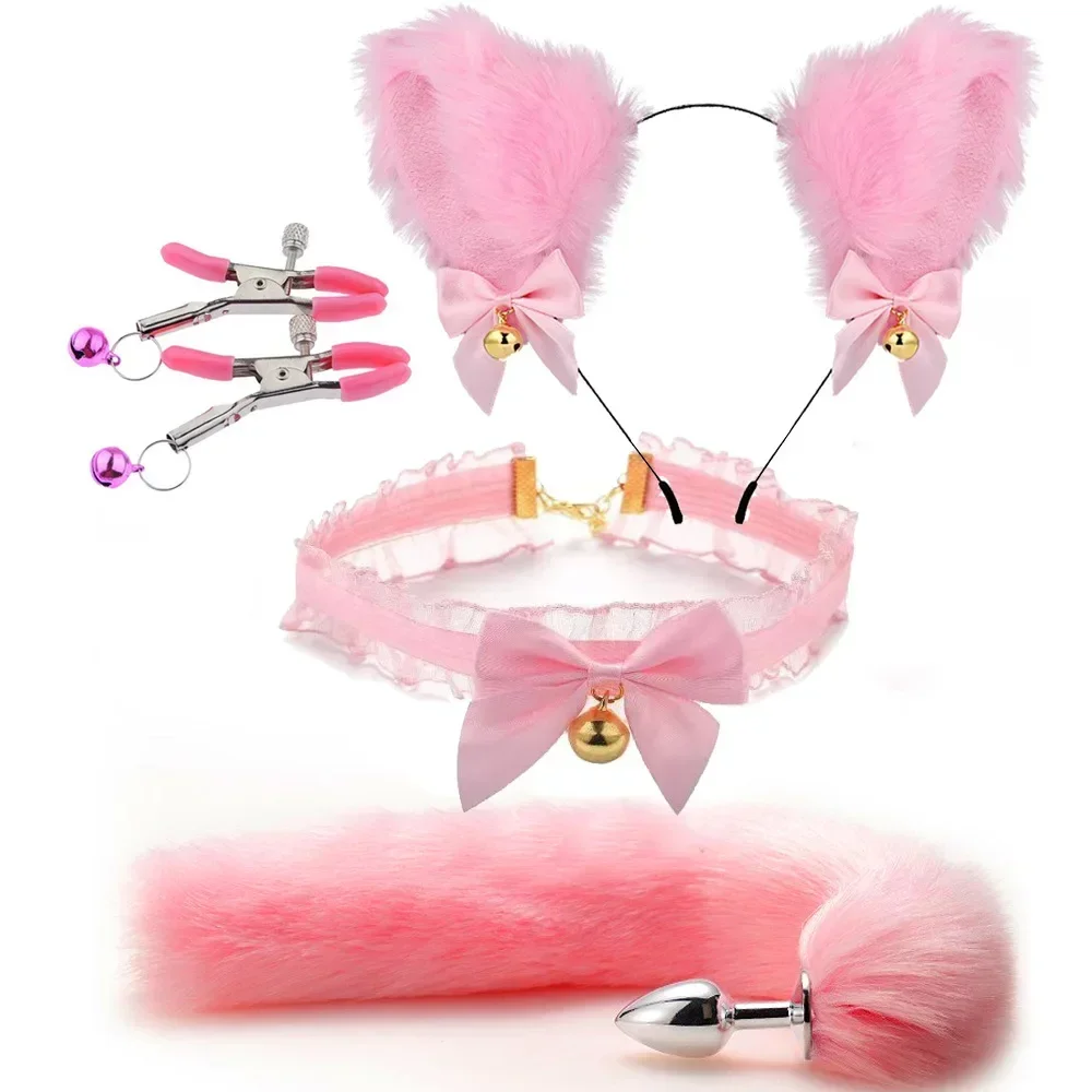 Fox Tail Anal Plug Bow-Knot Soft Cat Ears Headbands Collar Mouth Plug Metal Butt Plug Erotic Cosplay Couples Adult Sex Toys