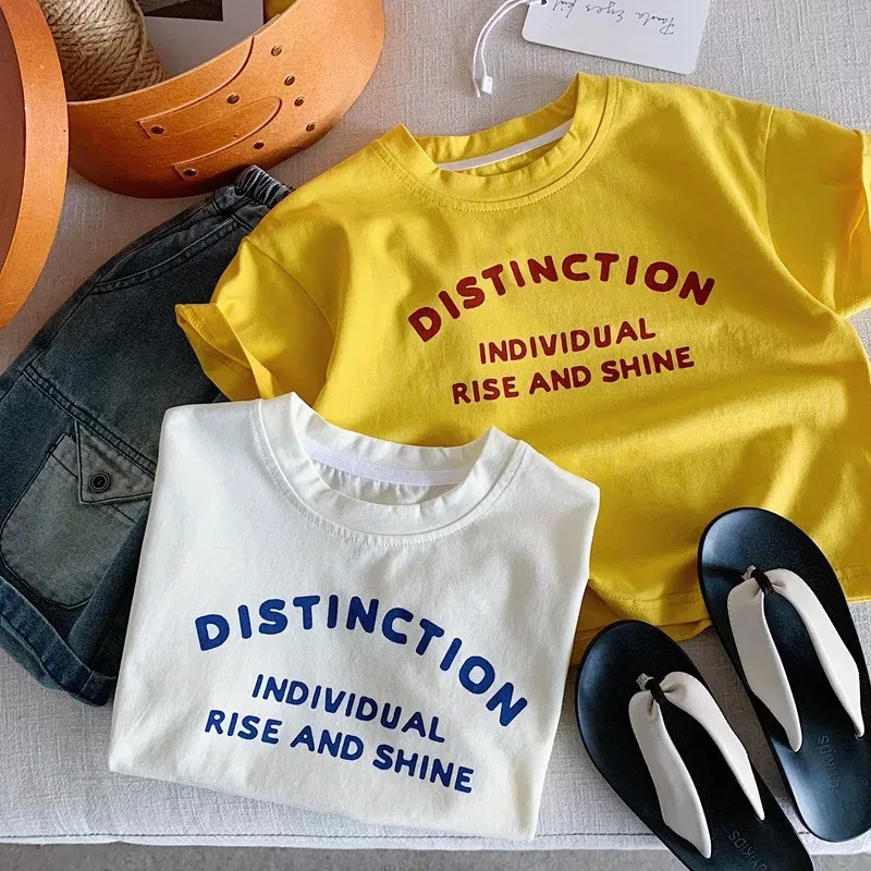 

2026 Summer New Children Short Sleeve T Shirts Boys O-neck Letter Print Tee Cotton Toddler Girls Casual Loose Tops Kids Clothes