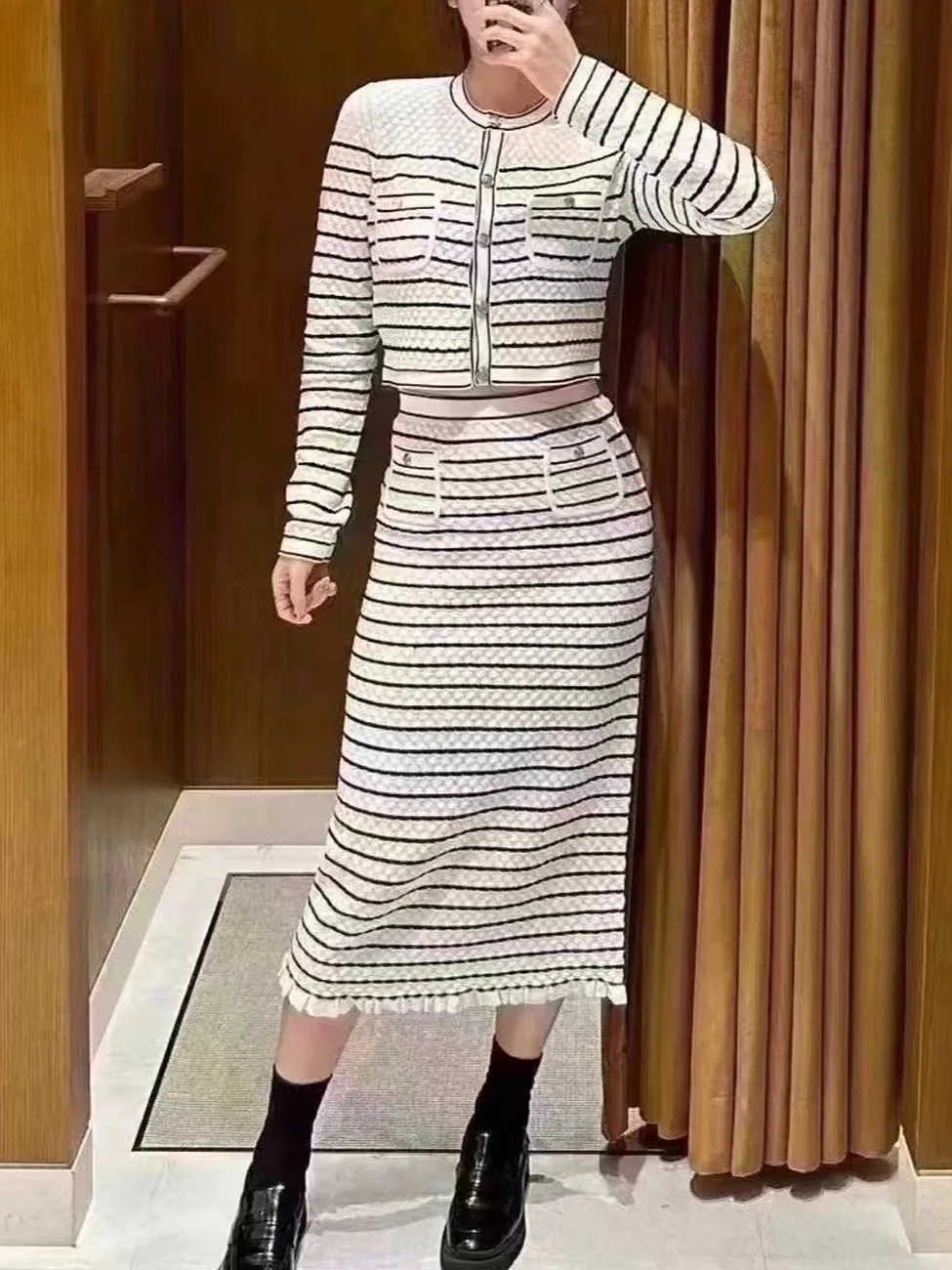 Spring 2024 Women's Striped Set High Waist A-Line Midi Skirt or Single Breasted O-Neck Long Sleeve Cardigan Casual Suit