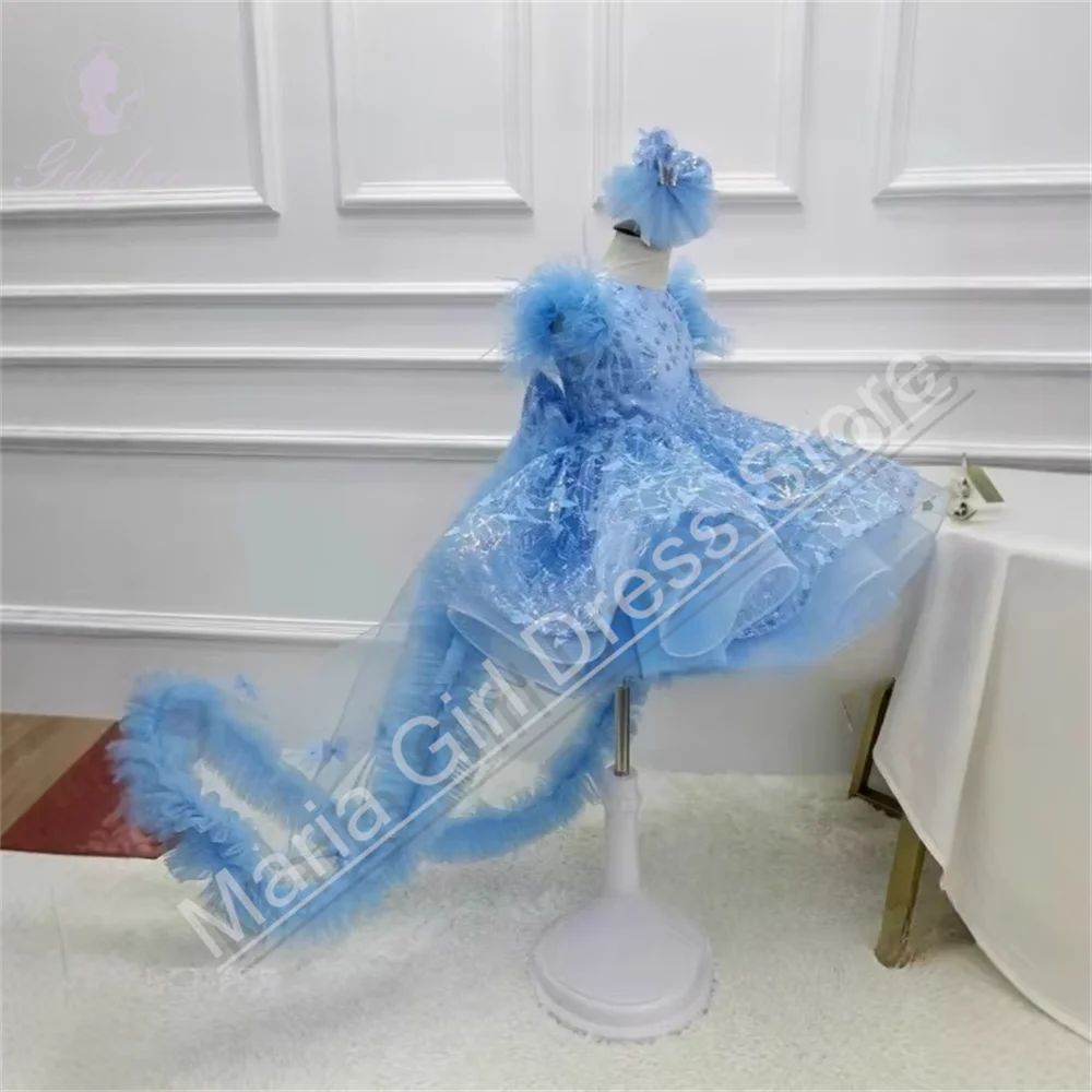 Kids Girls Birthday Dress Fluffy Feather Sequin Train Glitter Tulle Costume Pageant Piano Performance Outfit