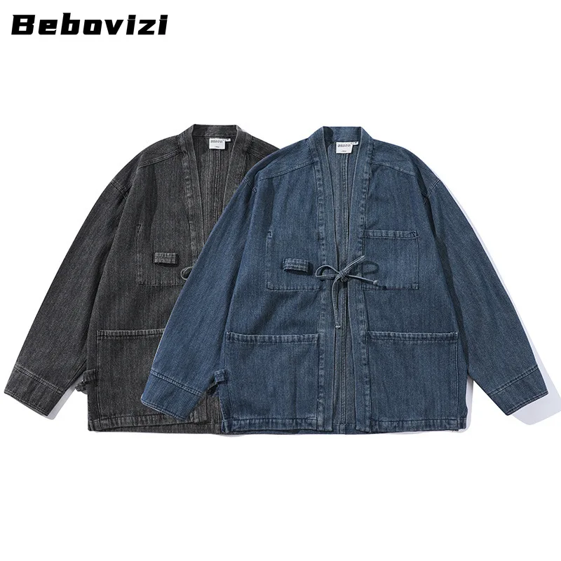 Fashion Denim Jacket Japanese Cardigan Cotton Kimono Vintage Traditional Haori Asian Jackets Clothing 2024