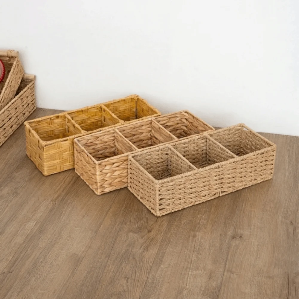 3-Section Storage Box Multi-Purpose Large Capacity Woven Storage Basket Space Saving Decorative Desktop Organizer Home Bedroom
